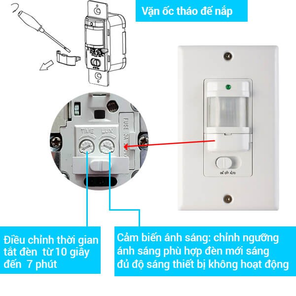 Hai nút chỉnh LUX và TIME nhỏ gọn dễ điều chỉnh