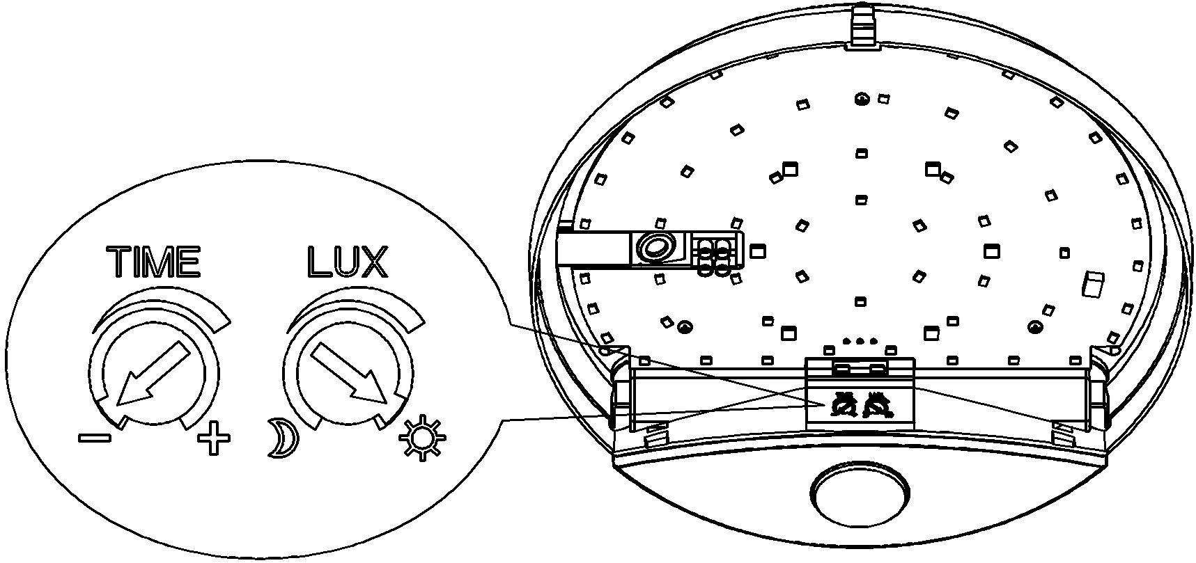 Đèn cảm ứng có 2 nút chỉnh TIME và LUX