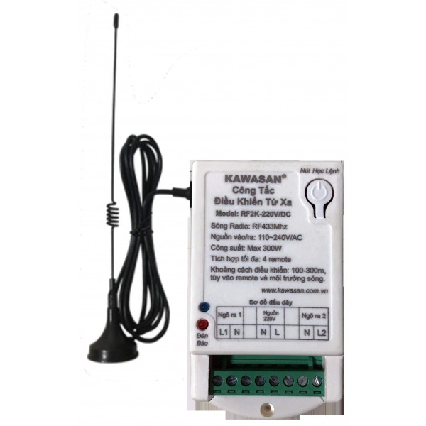 Công tắc điều khiển từ xa - 2 kênh, anten dài, không gồm remote, RF2KB 220V Công tắc điều khiển từ xa - 2 kênh, anten dài, không gồm remote, RF2KB 220V