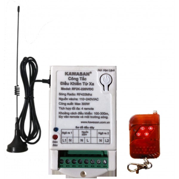 Công tắc điều khiển từ xa - 2 kênh, anten dài, gồm remote, RF2KB 220V-RM01B Công tắc điều khiển từ xa - 2 kênh, anten dài, gồm remote, RF2KB 220V-RM01B