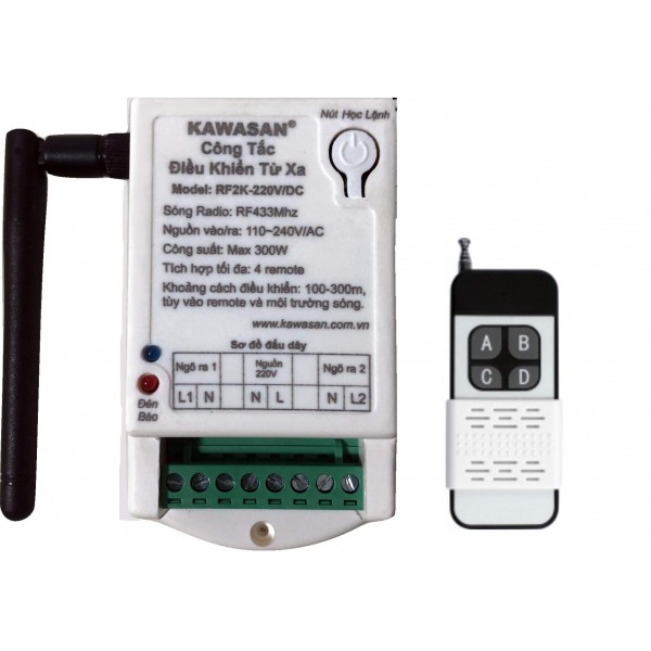 Công tắc điều khiển từ xa - 2 kênh, anten ngắn, gồm remote, RF2K 220V-RM4B Công tắc điều khiển từ xa - 2 kênh, anten ngắn, gồm remote, RF2K 220V-RM4B